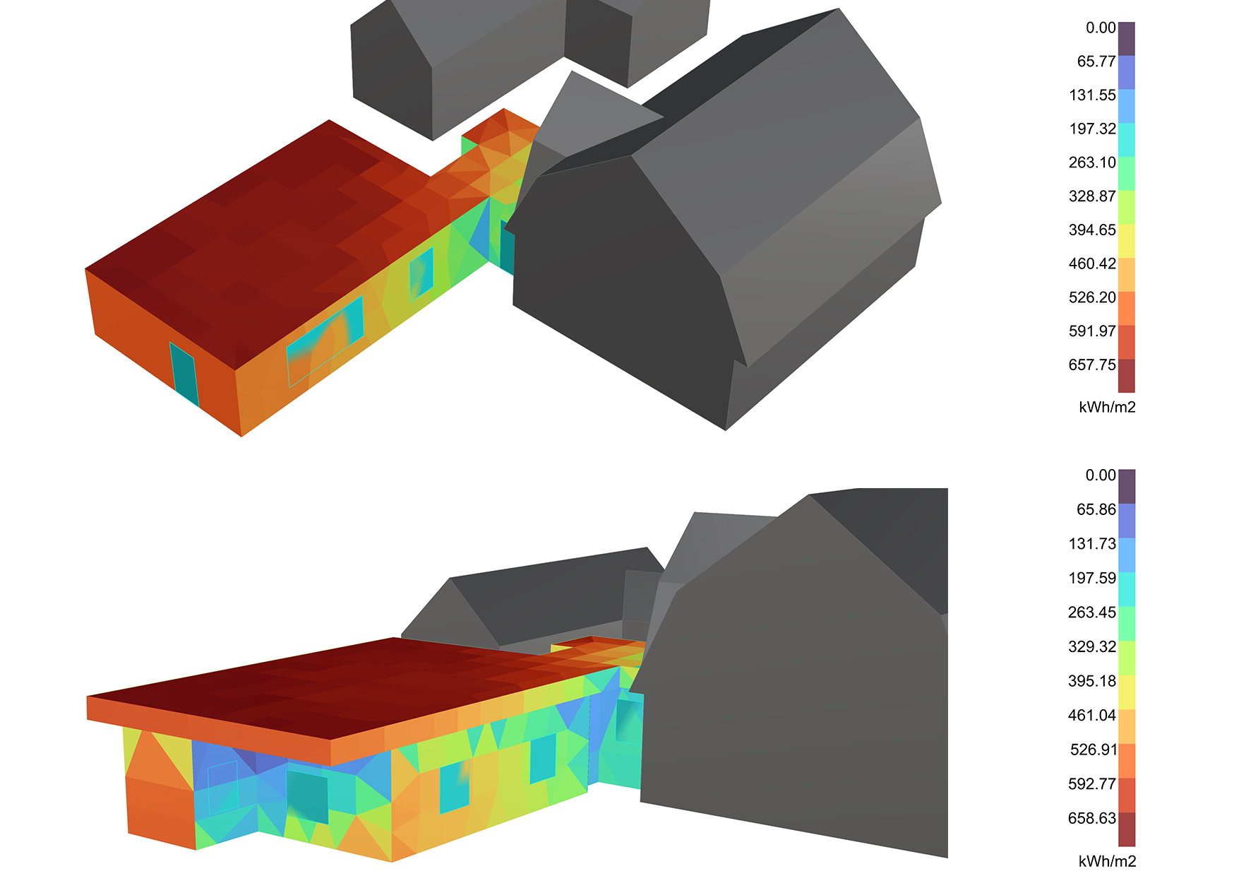 Ladybug Tools solar radiation analysis for a Swedish house extension during May to September, showing effective geometric shading.